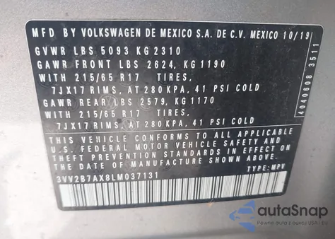 2020 Volkswagen Tiguan 2.0T Se/2.0T Se R-Line Black/2.0T Sel z USA, uszkodzony, nr VIN 3VV2B7AX8LM037131